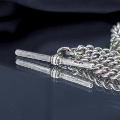 Art Deco Sterling Silver Curb Link Double Albert Watch Chain Necklace – 15"
