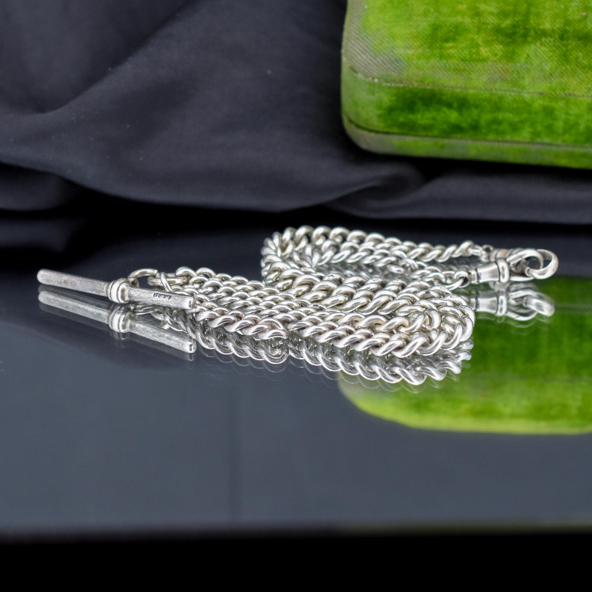 Art Deco Sterling Silver Curb Link Double Albert Watch Chain Necklace – 15"