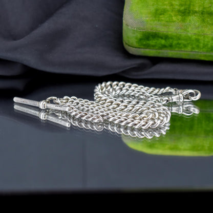 Art Deco Sterling Silver Curb Link Double Albert Watch Chain Necklace – 15"