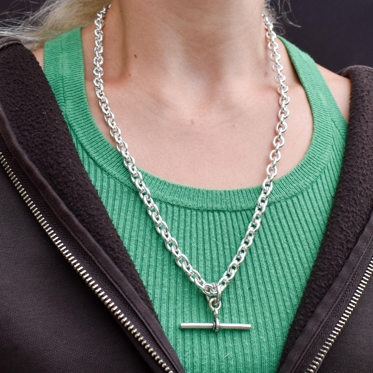 Vintage 75g Sterling Silver Oval Cable Link Chain Necklace with Double Dog Clip and T-bar Slider | 23"