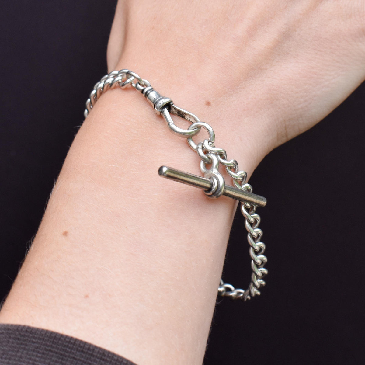 Antique Curb Sterling Silver Bracelet with Dog Clip and T-bar | 8"