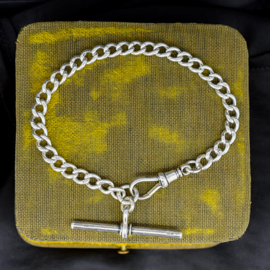 Antique Curb Sterling Silver Bracelet with Dog Clip and T-bar | 8"