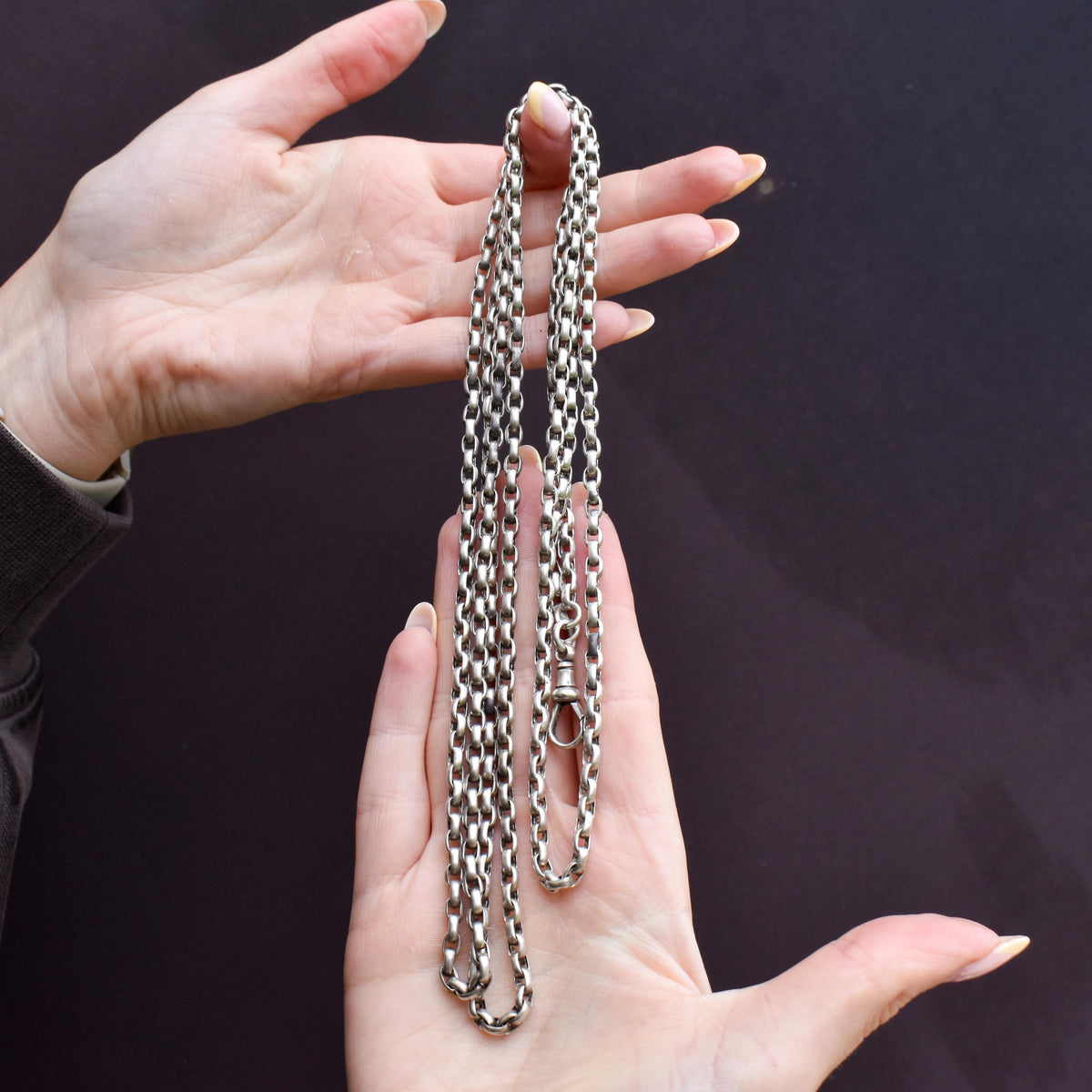 Antique Victorian Silver Long Guard Chain Necklace with Dog Clip | 60" Length
