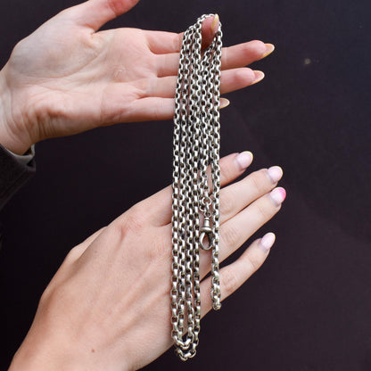 Antique Victorian Silver Long Guard Chain Necklace with Dog Clip | 60" Length