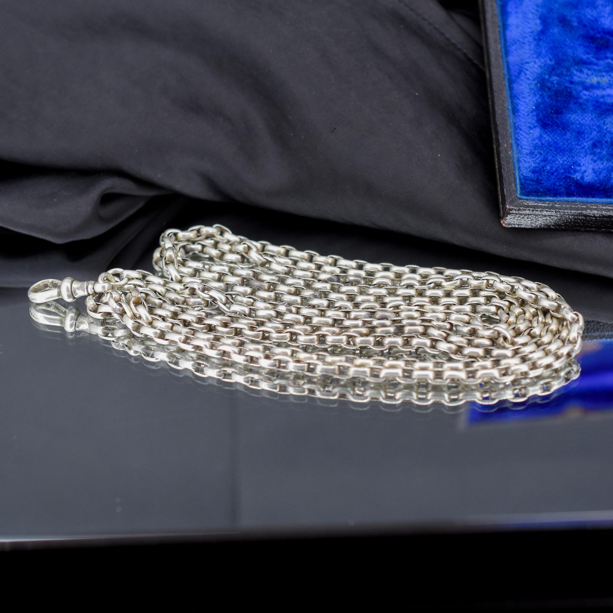 Antique Victorian Silver Long Guard Chain Necklace with Dog Clip | 60" Length