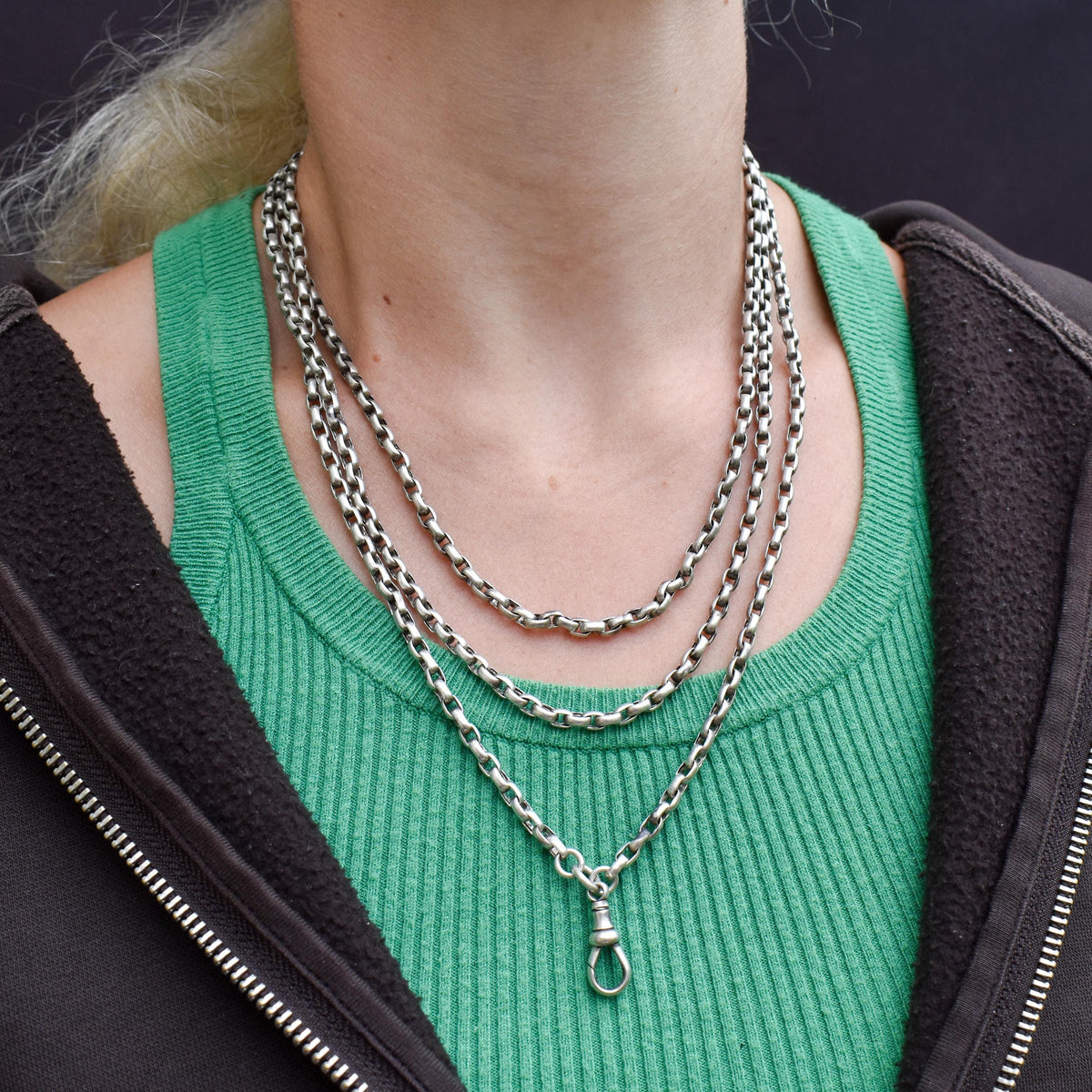 Antique Victorian Silver Long Guard Chain Necklace with Dog Clip | 60" Length