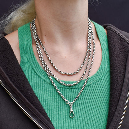 Antique Victorian Silver Long Guard Chain Necklace with Dog Clip | 60" Length