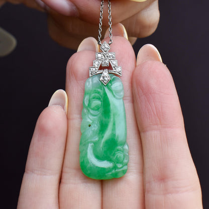 Art Deco Green Jade and Diamond Platinum Pendant Necklace | 15.75"