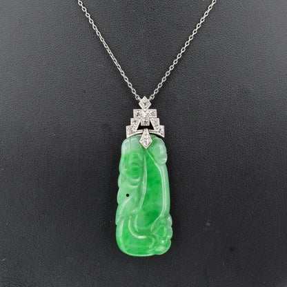 Art Deco Green Jade and Diamond Platinum Pendant Necklace | 15.75"