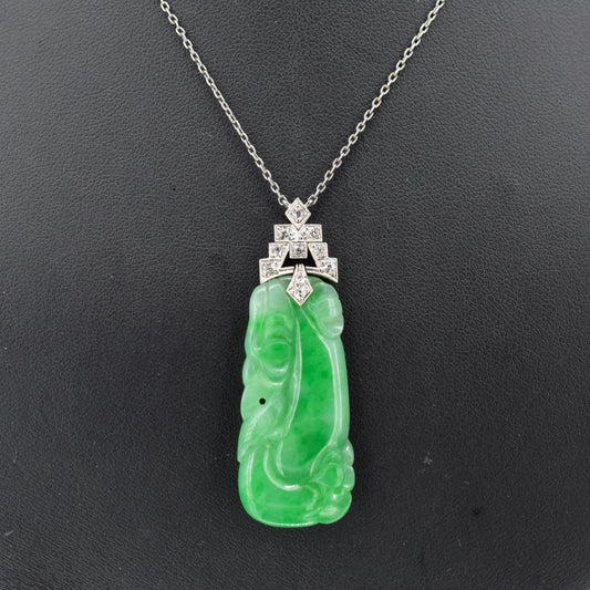 Art Deco Green Jade and Diamond Platinum Pendant Necklace | 15.75"