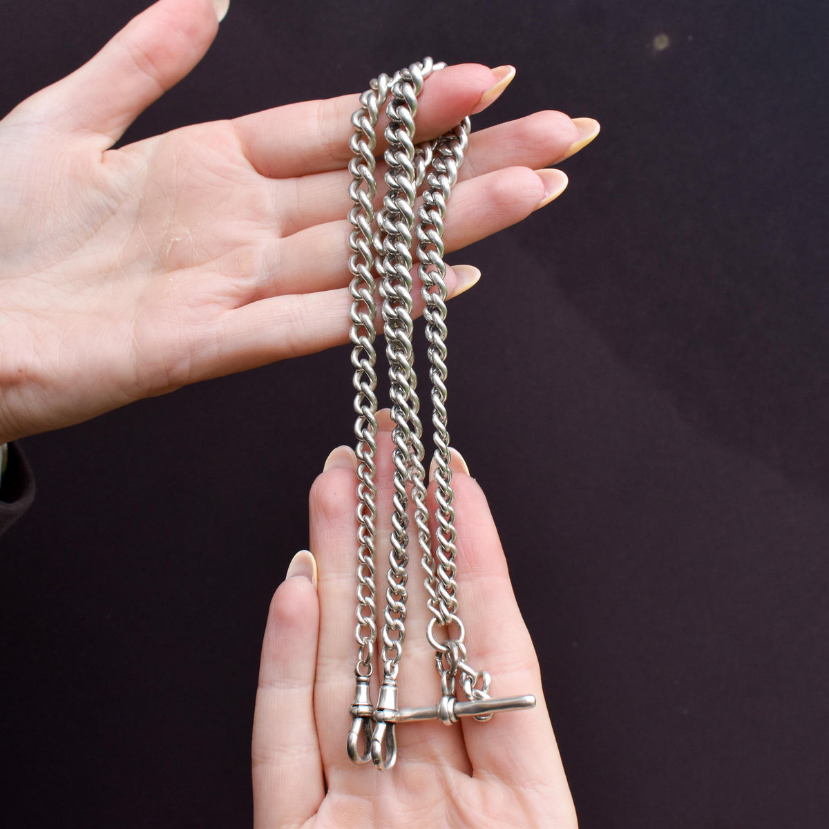 Antique 69g Heavy Albert Watch Chain Necklace with T-Bar and Dog Clips | 24"