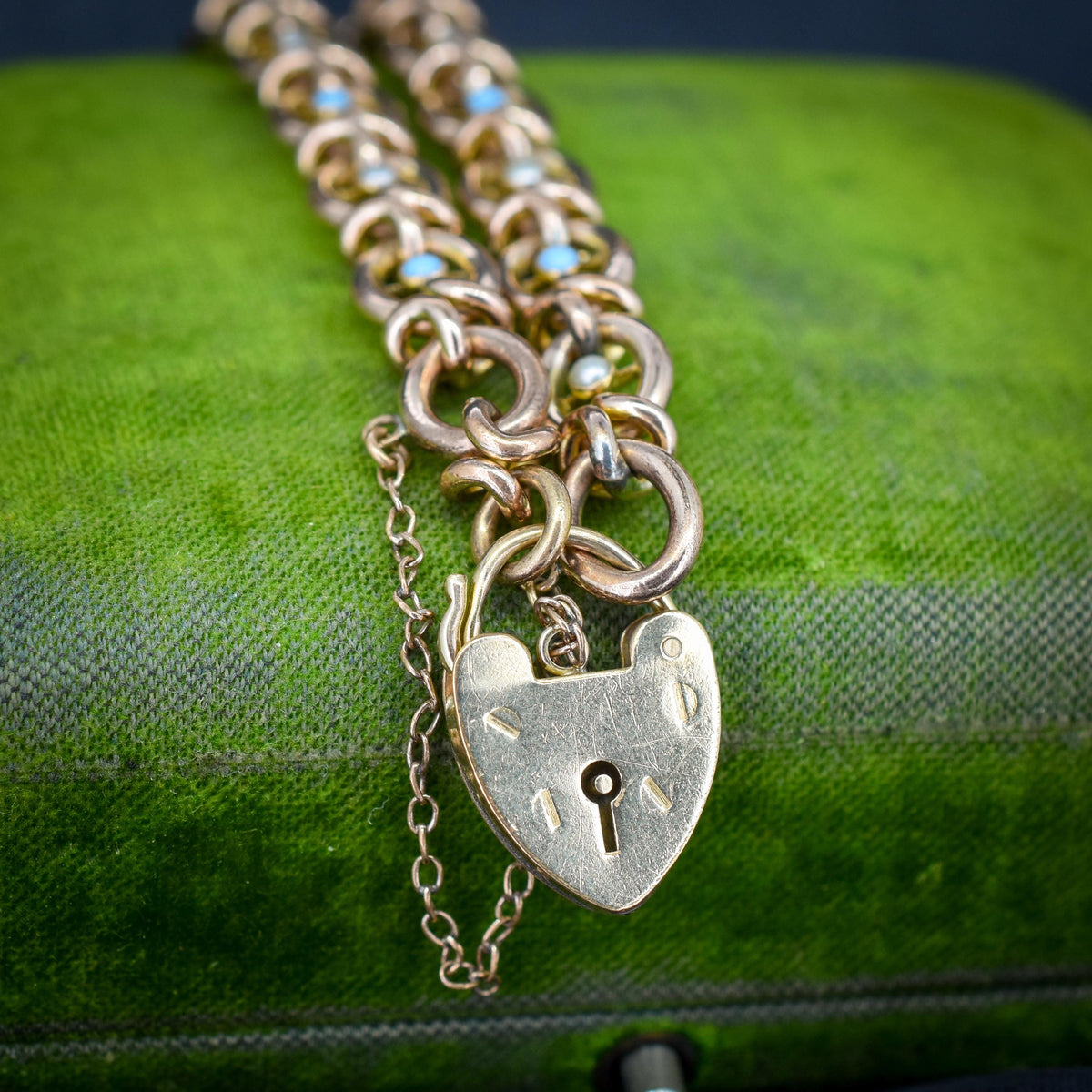 Antique Pearl and Turquoise Rolled Gold Heart Padlock Bracelet