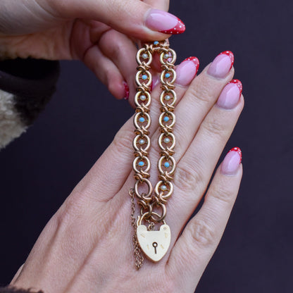 Antique Pearl and Turquoise Rolled Gold Heart Padlock Bracelet