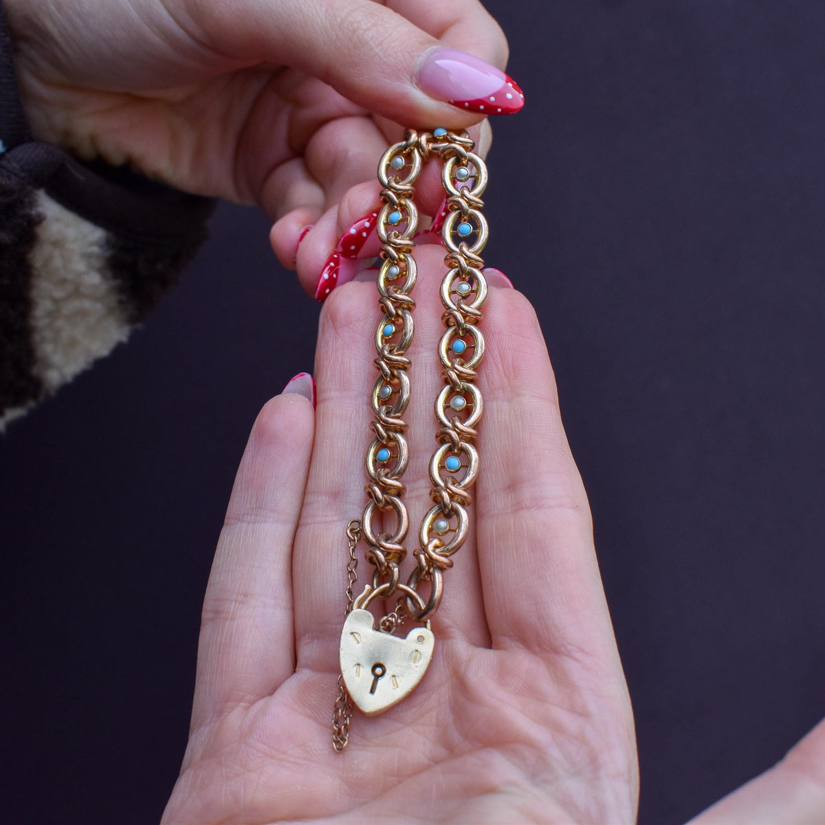 Antique Pearl and Turquoise Rolled Gold Heart Padlock Bracelet