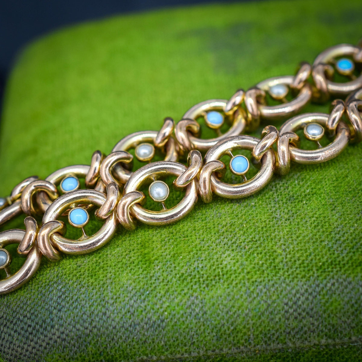 Antique Pearl and Turquoise Rolled Gold Heart Padlock Bracelet