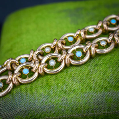 Antique Pearl and Turquoise Rolled Gold Heart Padlock Bracelet