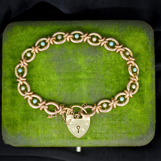 Antique Pearl and Turquoise Rolled Gold Heart Padlock Bracelet