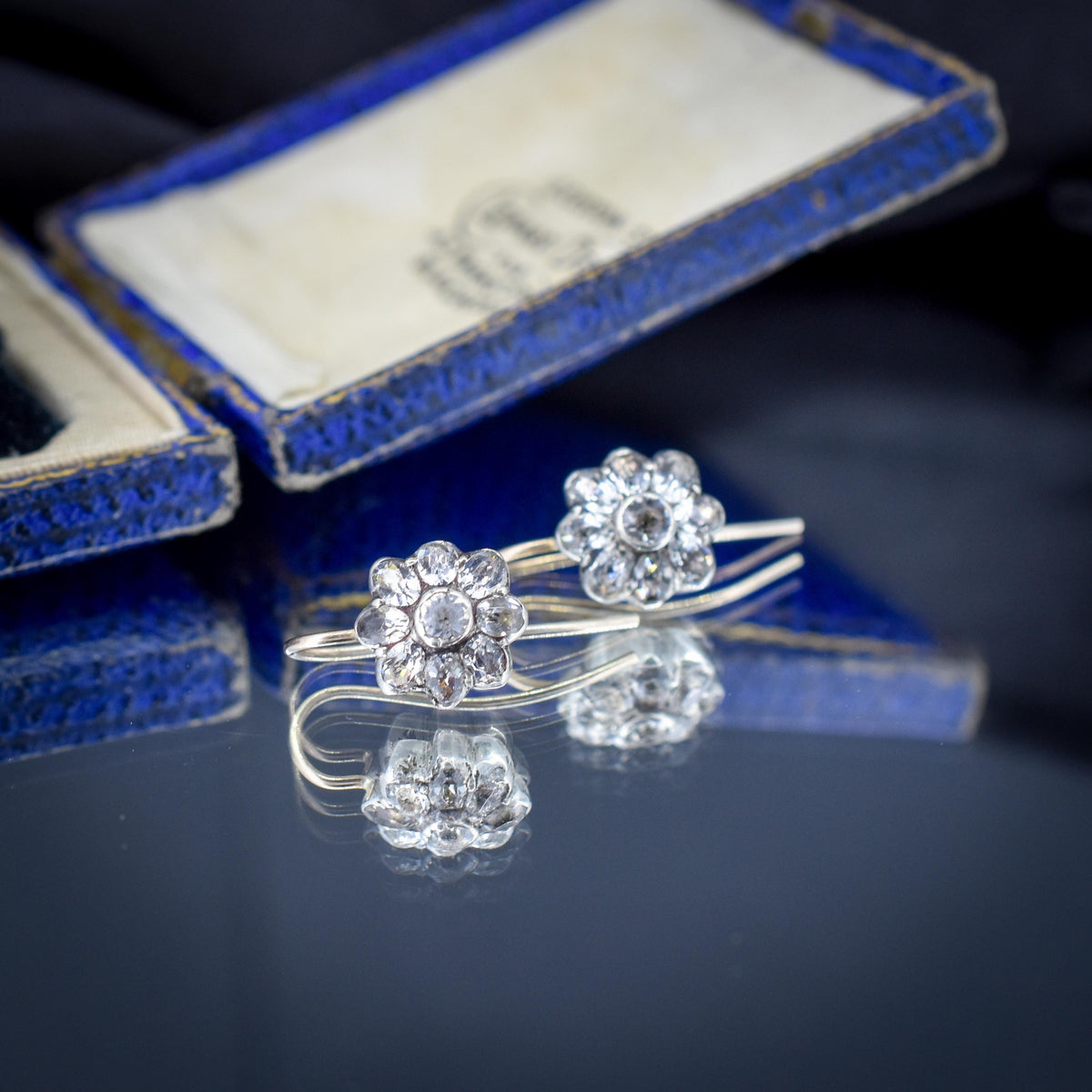 Antique Georgian Paste Silver and 9ct Gold Flower Earrings