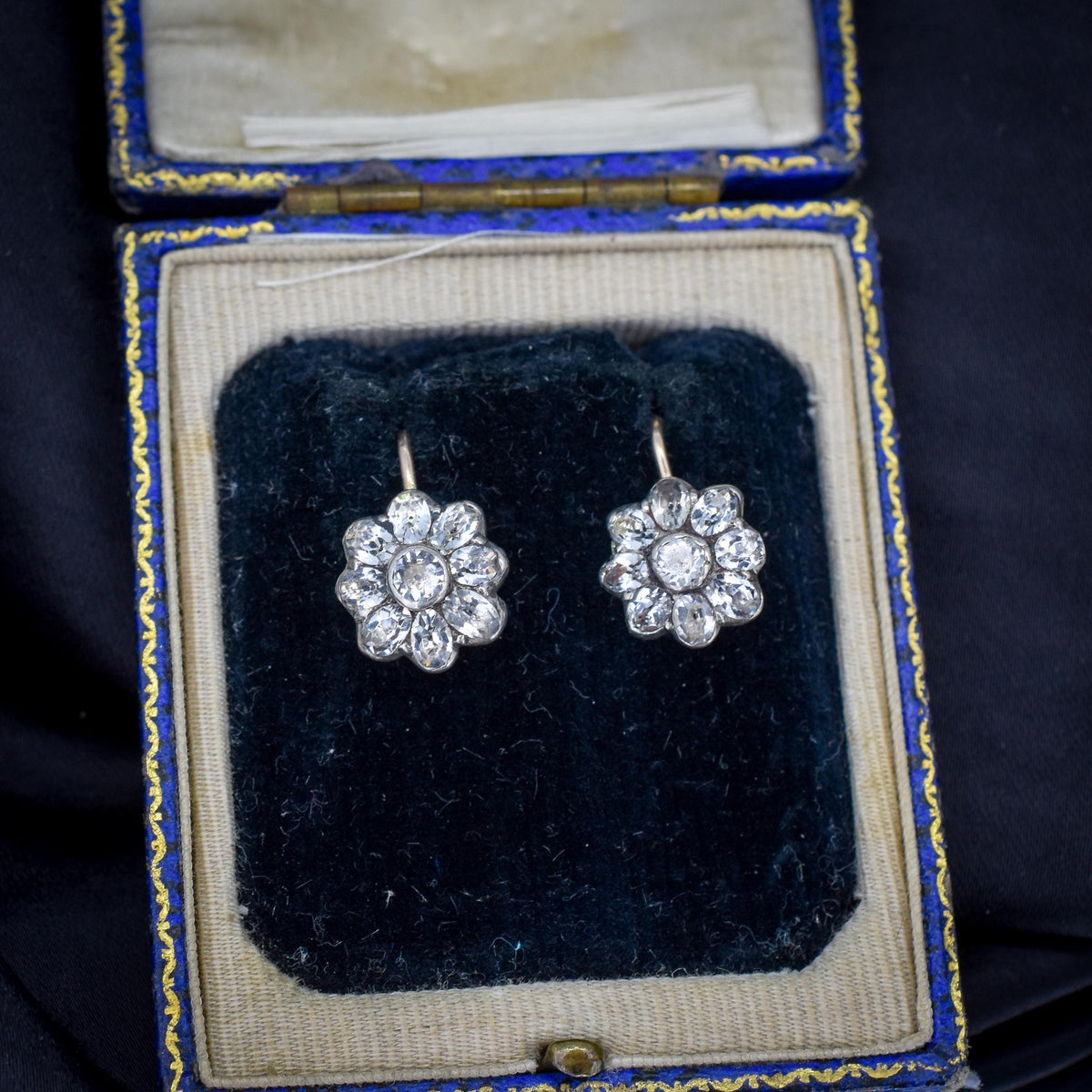 Antique Georgian Paste Silver and 9ct Gold Flower Earrings