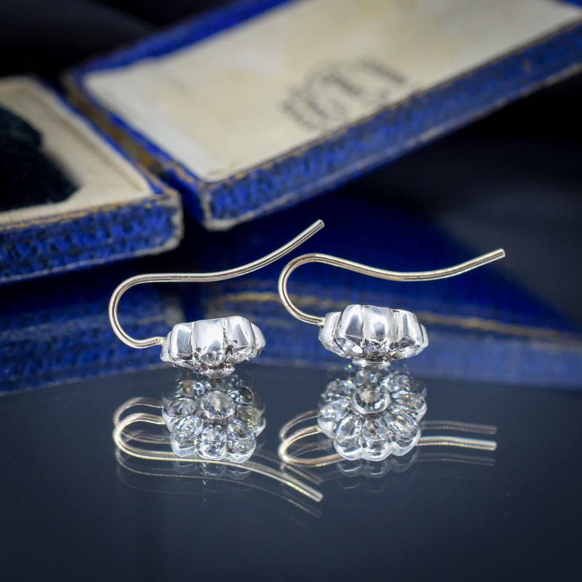 Antique Georgian Paste Silver and 9ct Gold Flower Earrings