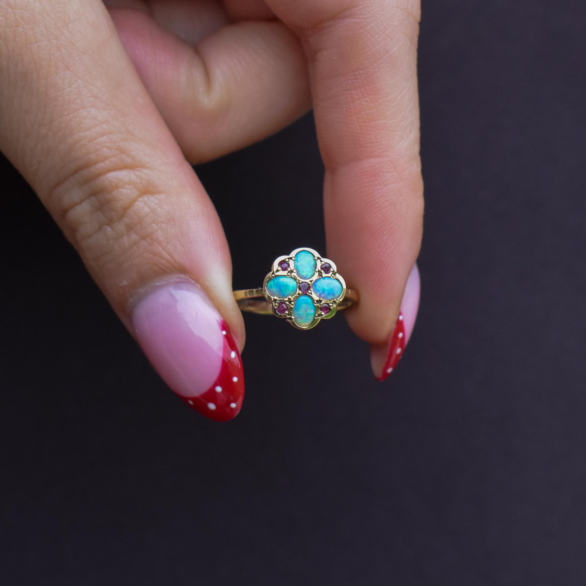 Vintage Opal and Ruby Flower Cluster 9ct Yellow Gold Ring | Dated 1990