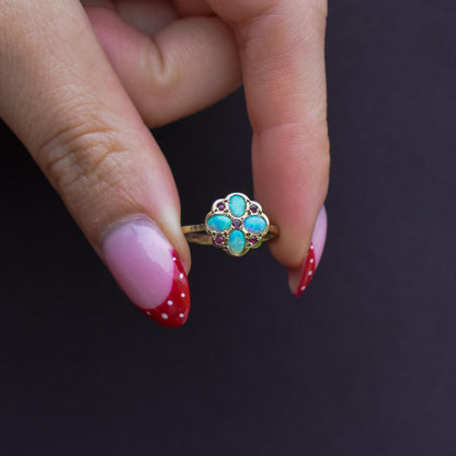 Vintage Opal and Ruby Flower Cluster 9ct Yellow Gold Ring | Dated 1990