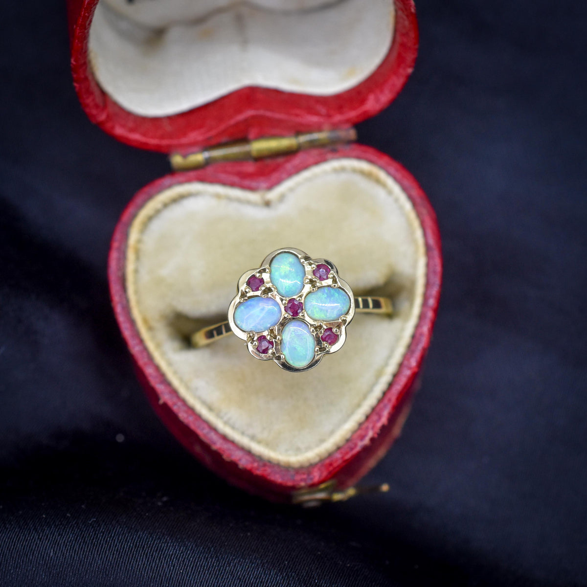 Vintage Opal and Ruby Flower Cluster 9ct Yellow Gold Ring | Dated 1990