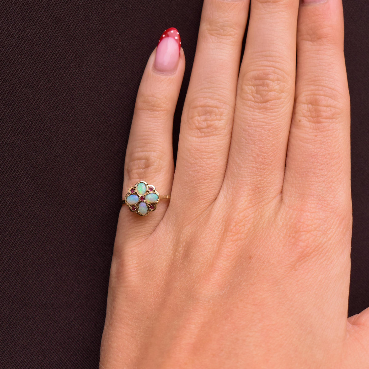 Vintage Opal and Ruby Flower Cluster 9ct Yellow Gold Ring | Dated 1990