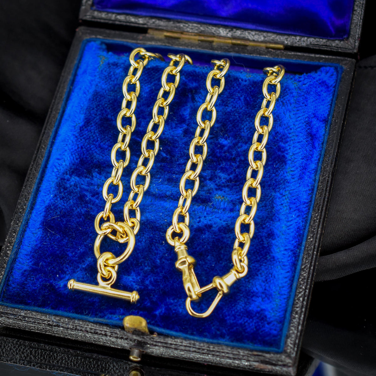 Vintage Gold on Silver Cable Link Watch Chain Necklace with T-Bar and Dog Clips – 17.5"