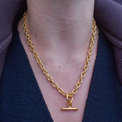 Vintage Gold on Silver Cable Link Watch Chain Necklace with T-Bar and Dog Clips – 17.5"