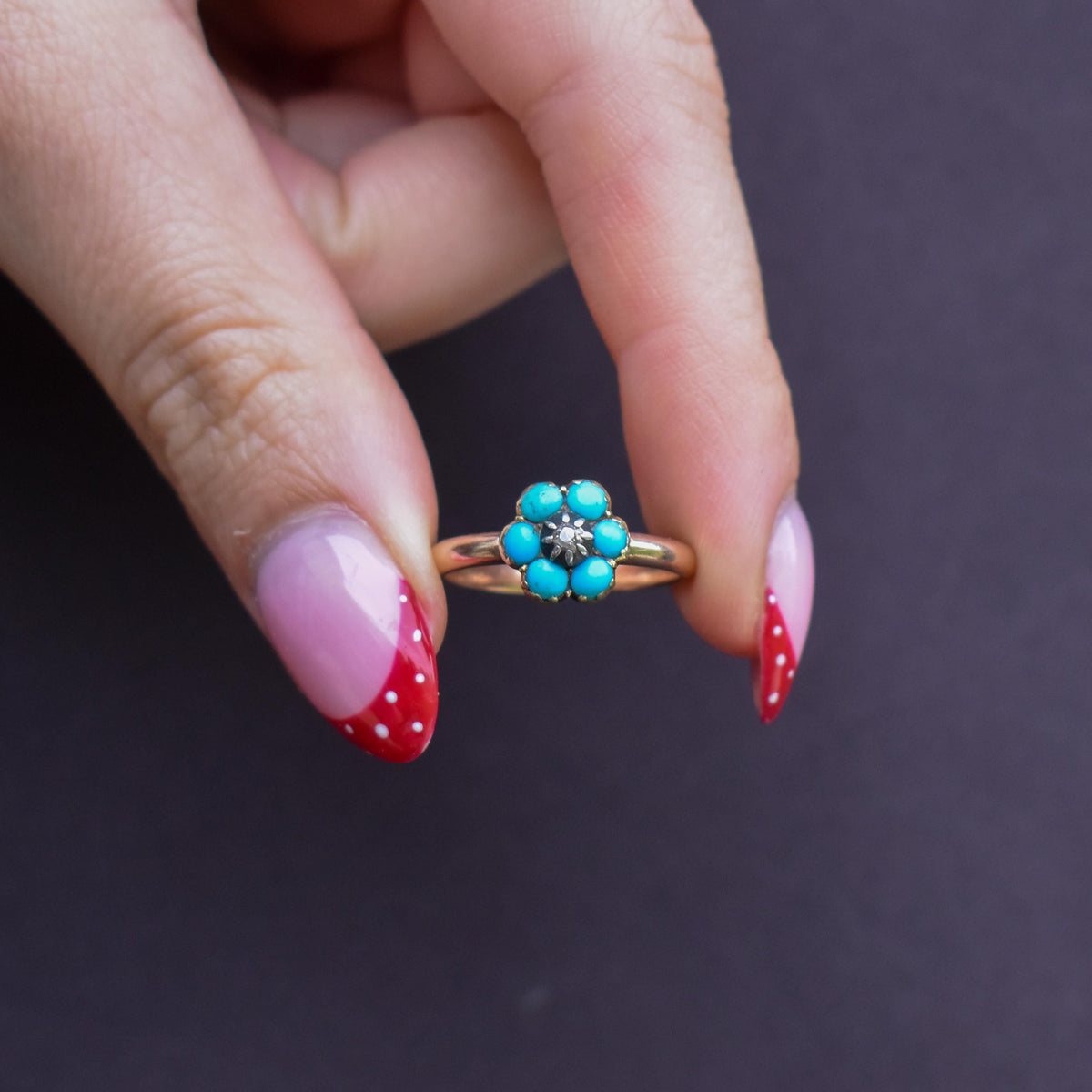 Antique Turquoise and Diamond 'Forget Me Not' Flower Cluster 15ct Gold Ring