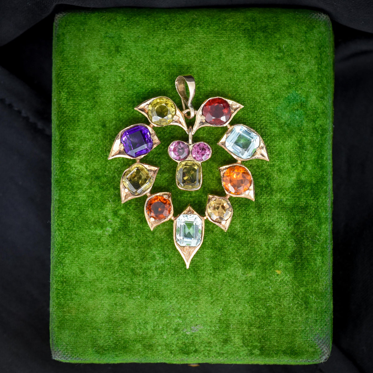 Antique Harlequin Multi-Gemstone 9ct Yellow Gold Flower Drop Pendant
