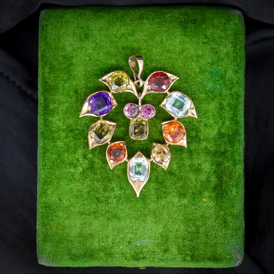 Antique Harlequin Multi-Gemstone 9ct Yellow Gold Flower Drop Pendant