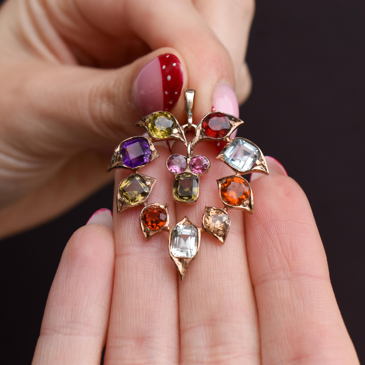 Antique Harlequin Multi-Gemstone 9ct Yellow Gold Flower Drop Pendant