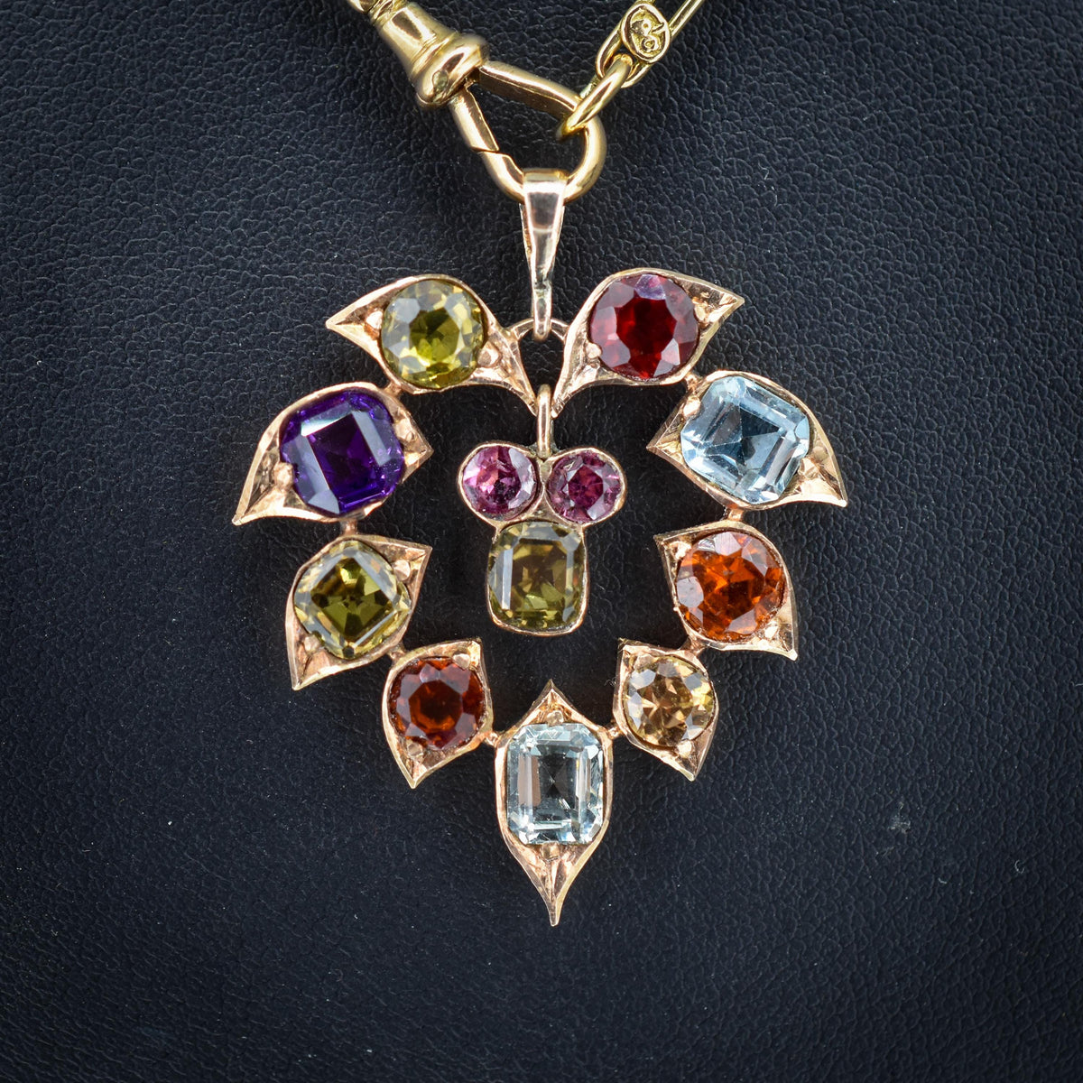 Antique Harlequin Multi-Gemstone 9ct Yellow Gold Flower Drop Pendant