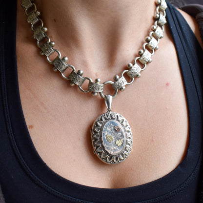 Antique Victorian Silver and Gold Oval Floral Photo Locket Pendant