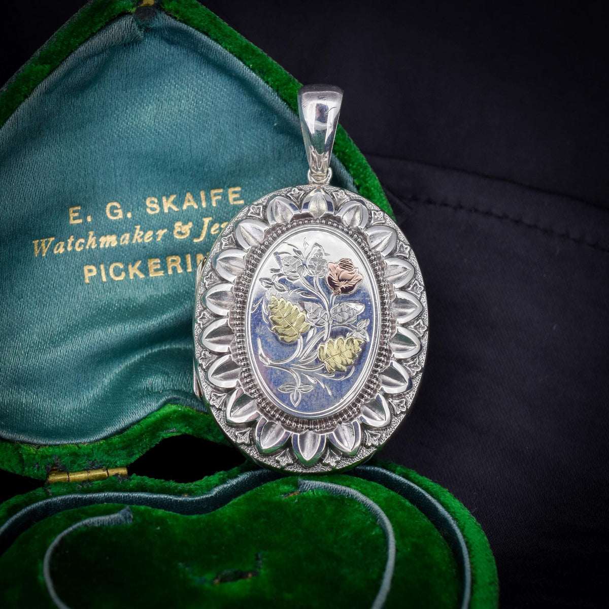 Antique Victorian Silver and Gold Oval Floral Photo Locket Pendant