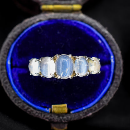 Vintage Moonstone Cabochon Five Stone Sterling Silver Ring