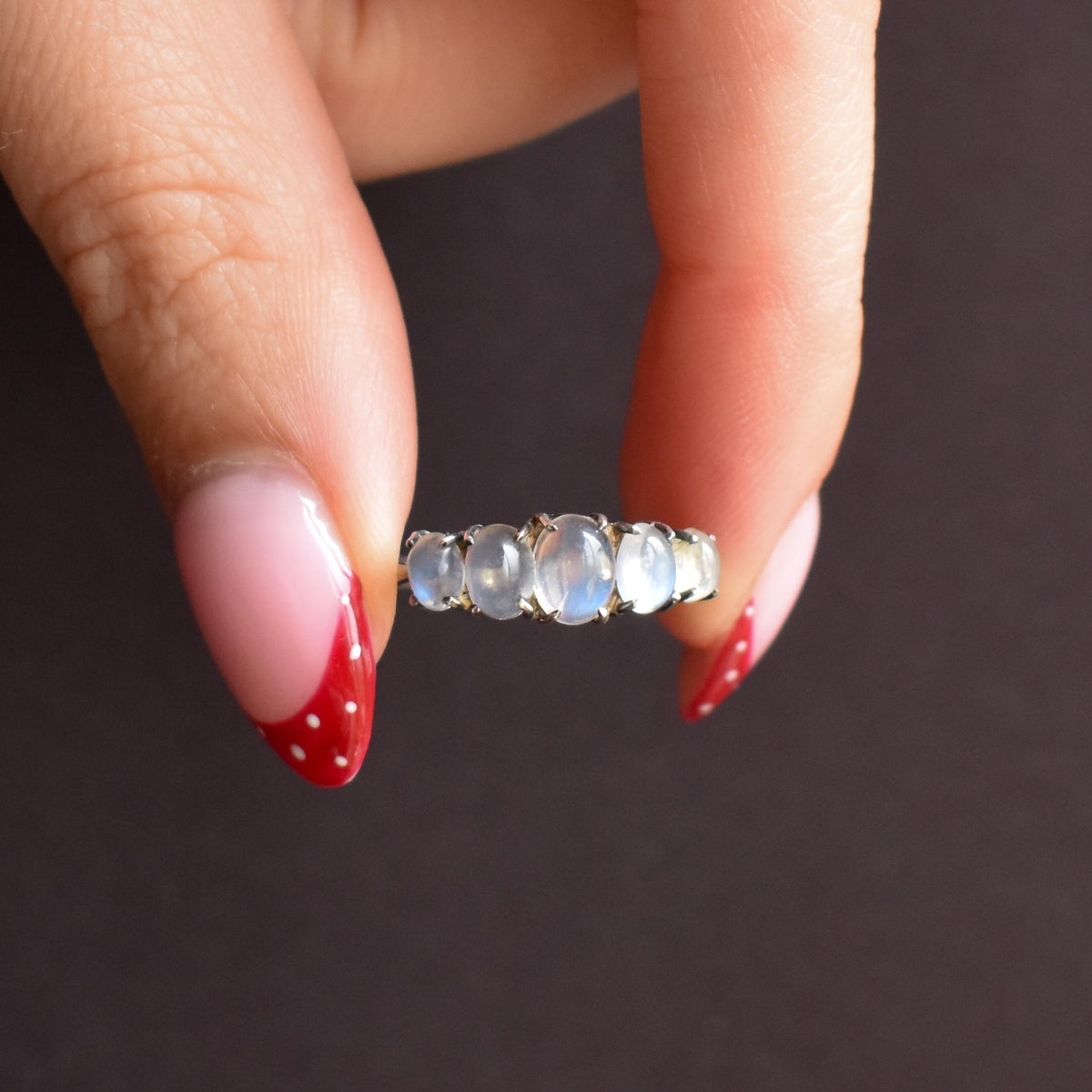 Vintage Moonstone Cabochon Five Stone Sterling Silver Ring