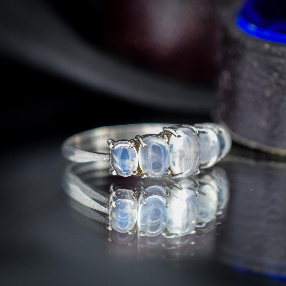 Vintage Moonstone Cabochon Five Stone Sterling Silver Ring