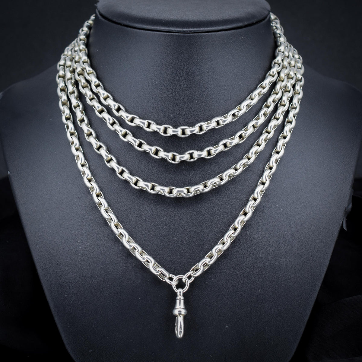 Antique 89g Silver Long Guard Chain Necklace with Dog Clip | 60" Length