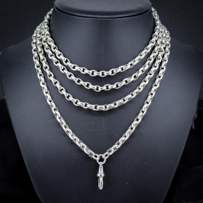 Antique 89g Silver Long Guard Chain Necklace with Dog Clip | 60" Length