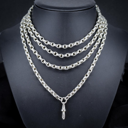 Antique 89g Silver Long Guard Chain Necklace with Dog Clip | 60" Length