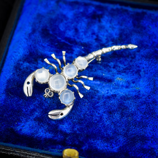 Antique Edwardian Moonstone Scorpion Silver Brooch Pin