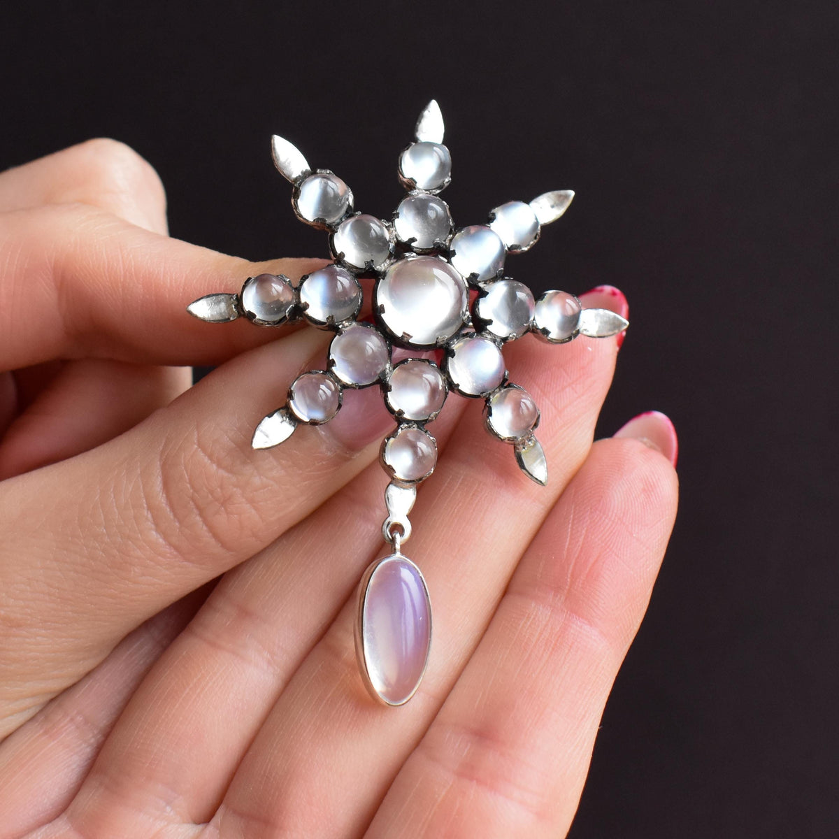 Antique Victorian Celestial Moonstone Star Silver Brooch Pin | 19.21ct