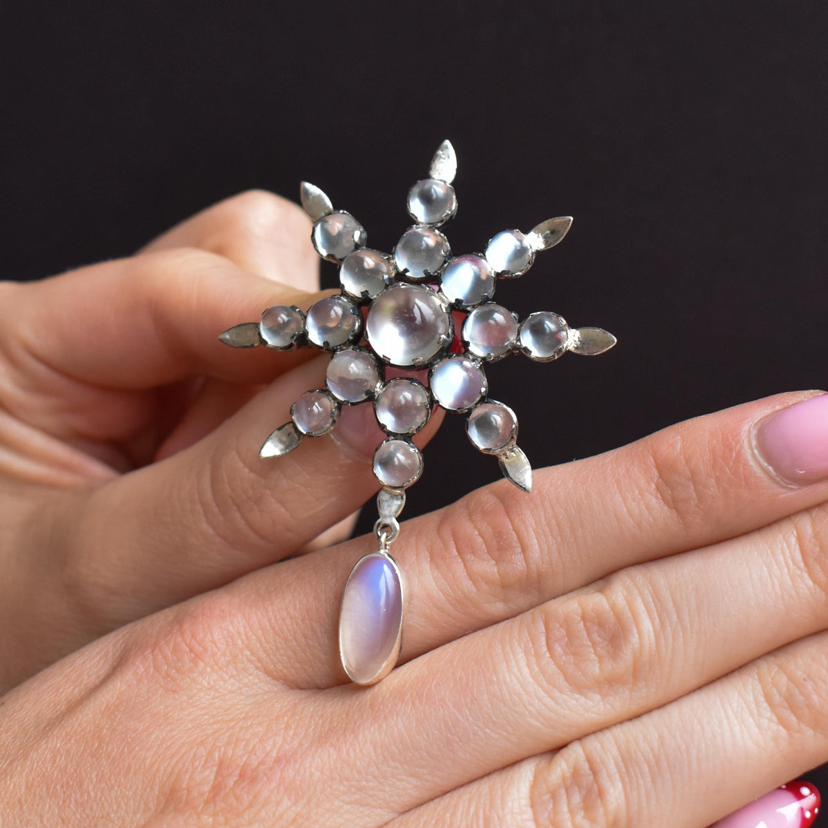 Antique Victorian Celestial Moonstone Star Silver Brooch Pin | 19.21ct