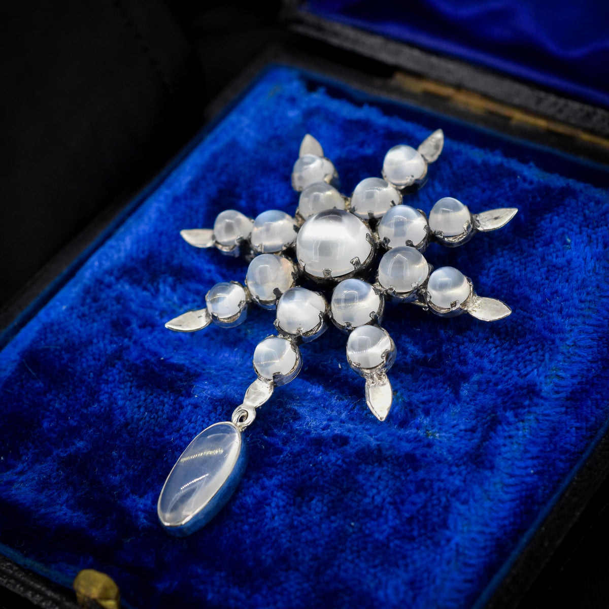 Antique Victorian Celestial Moonstone Star Silver Brooch Pin | 19.21ct