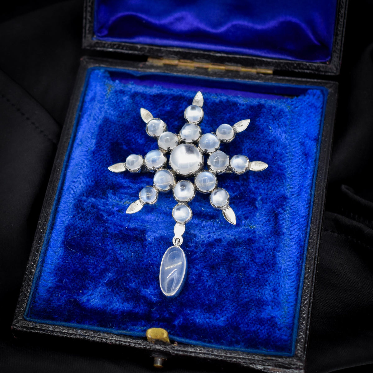 Antique Victorian Celestial Moonstone Star Silver Brooch Pin | 19.21ct