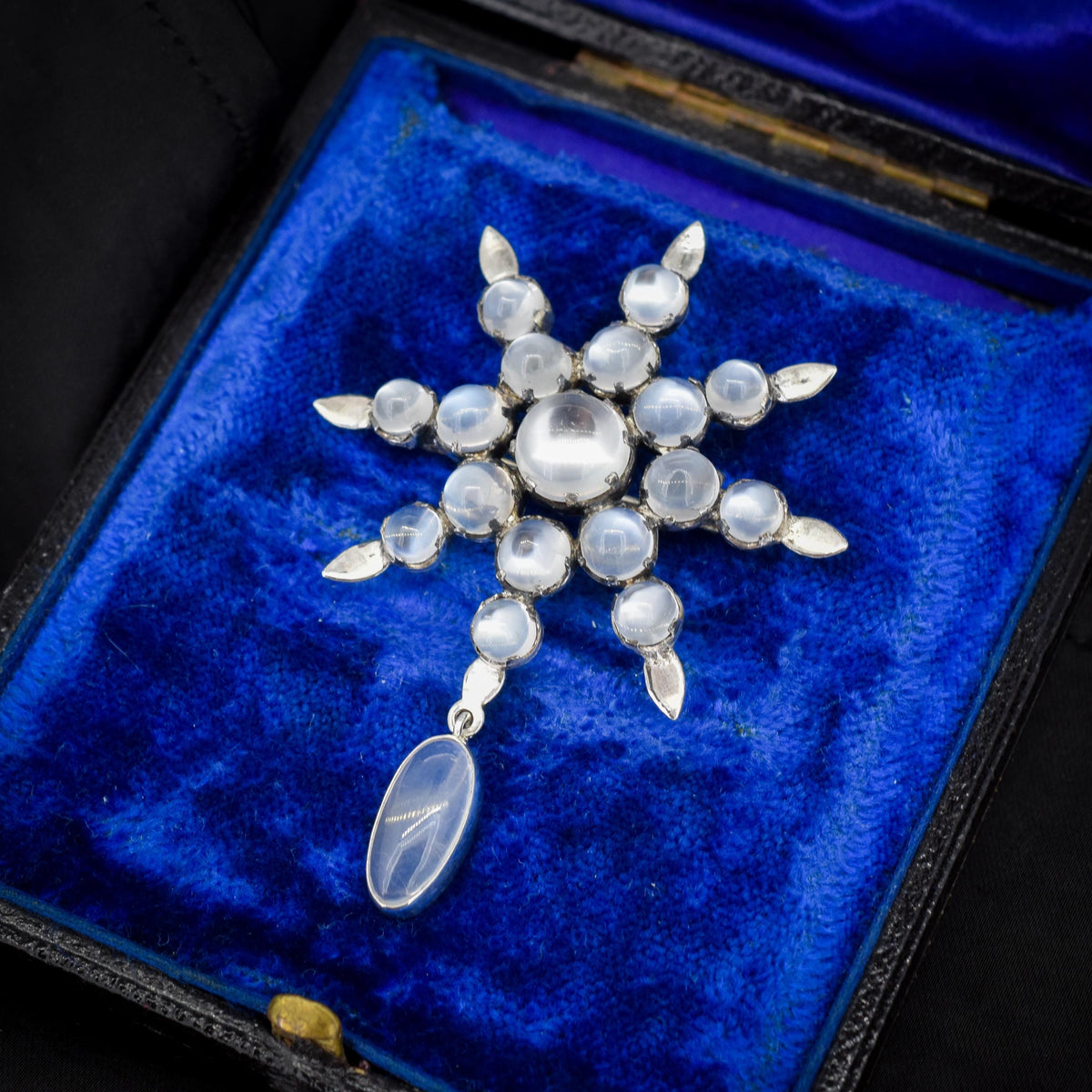 Antique Victorian Celestial Moonstone Star Silver Brooch Pin | 19.21ct