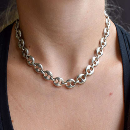 Vintage 75g Solid Sterling Silver Puffy Mariner Link Chain Necklace 15.5"